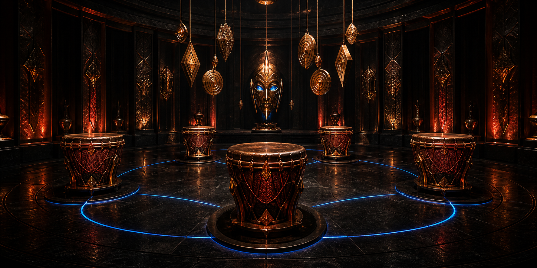 Circular fictional rhythm chamber with five sculptural drums